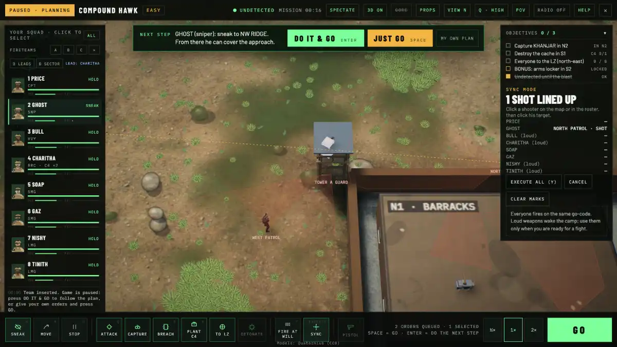 Sync mode with a shot lined up from the sniper to the north patrol and the sync panel open.