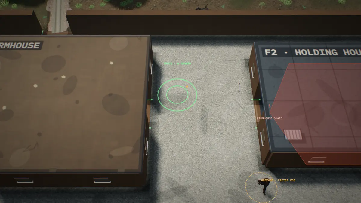 A truck full of operators driving through a farmhouse yard past the holding house.
