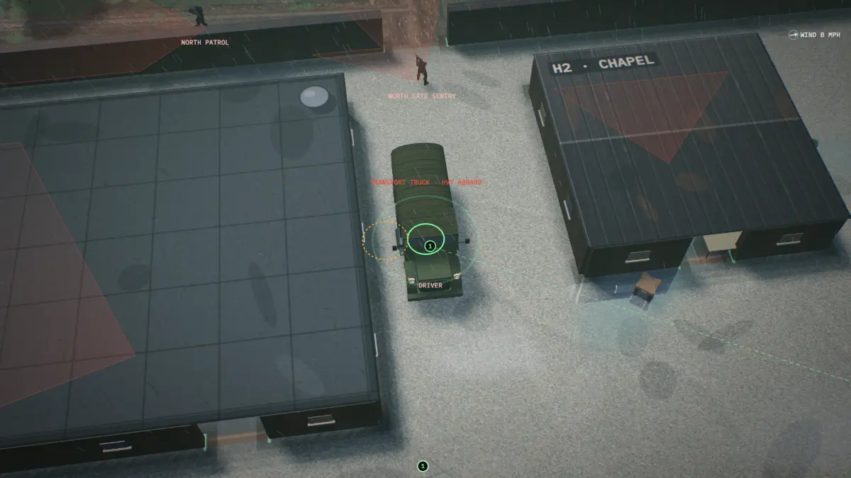 The transport truck with the HVT aboard leaving the courtyard, marked “HVT aboard”.