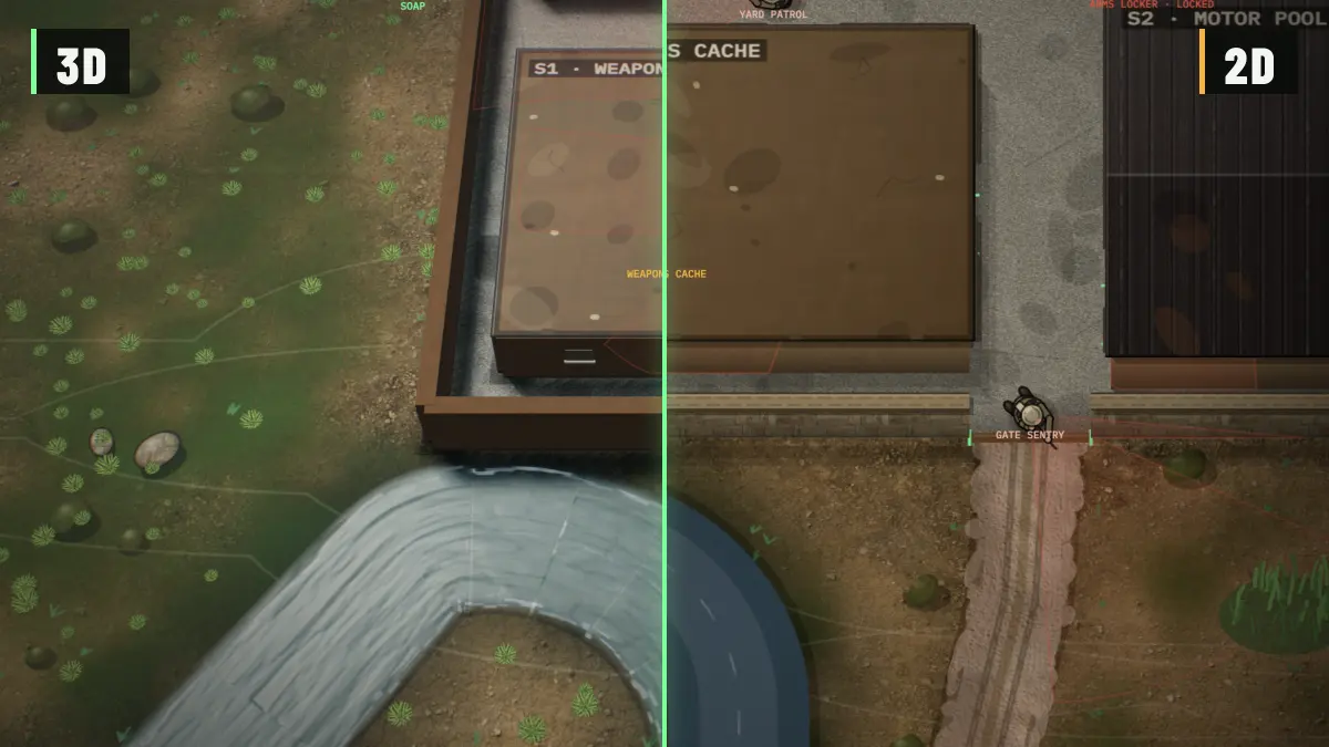 The same moment of a mission split down the middle: the 3D view on the left, the classic 2D map on the right.