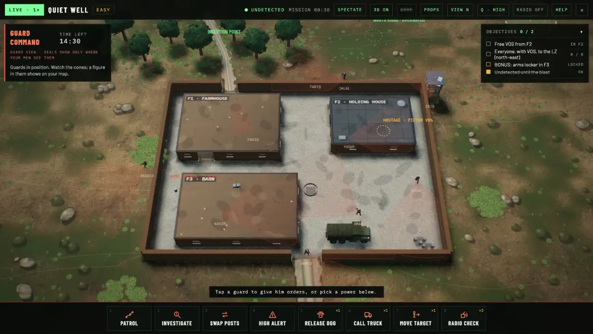 The guard commander’s map with every guard and vision cone and a power bar: patrol, investigate, swap posts, high alert, dog, truck, move target, radio check.