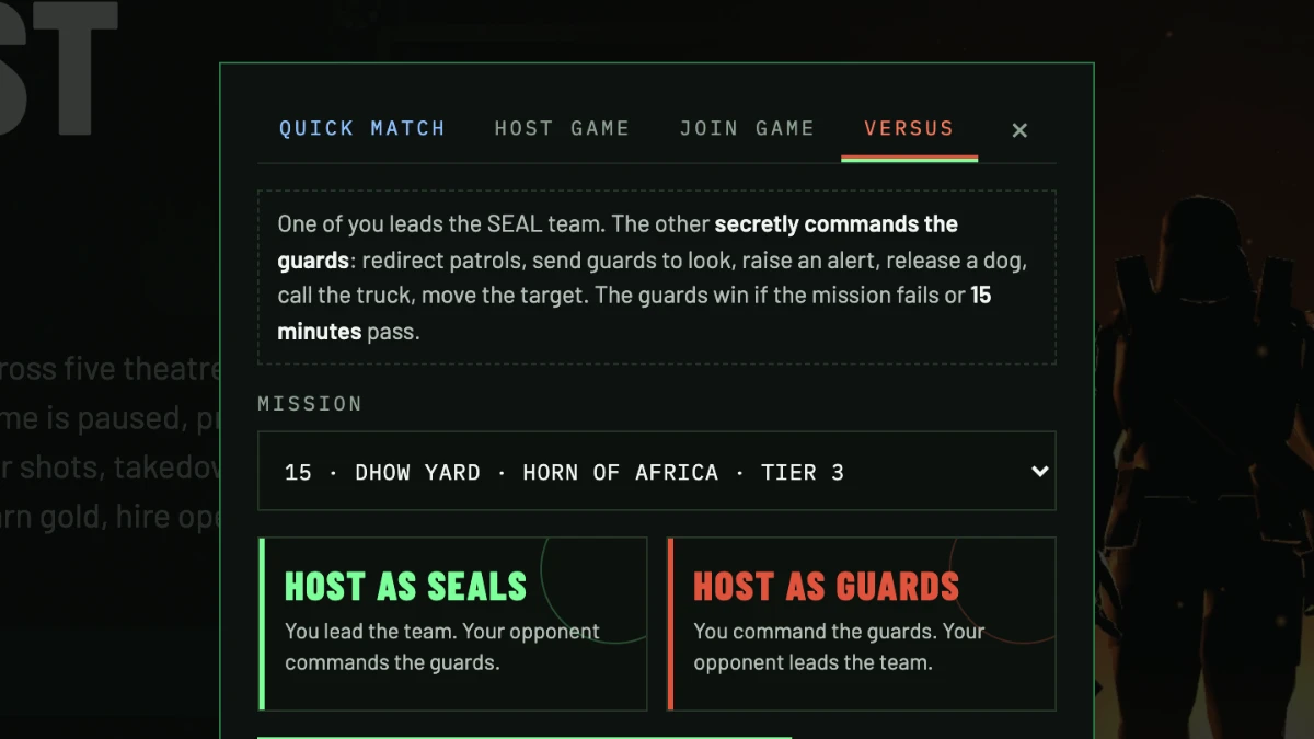 The Versus tab: Host as SEALs or Host as Guards, a mission picker and Quick Match Versus.