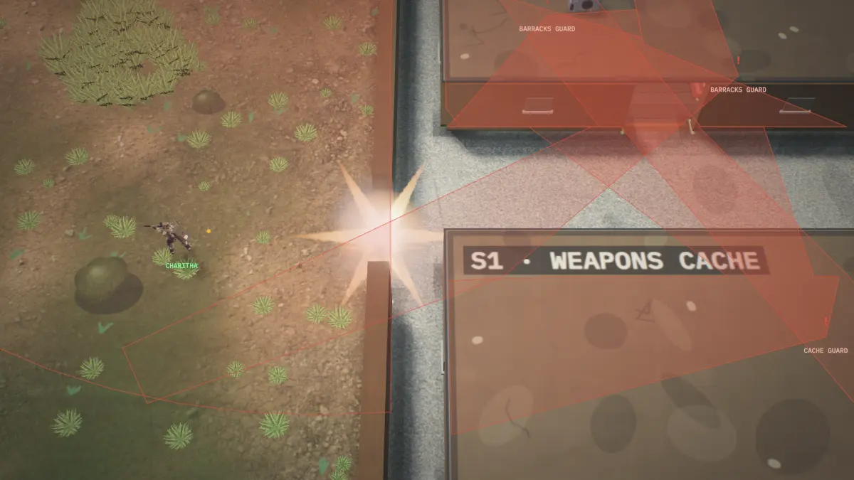 A breaching charge blowing a hole in the compound wall next to Charitha.