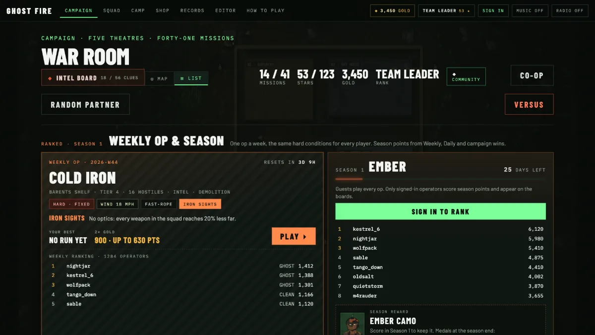 The war room: missions, stars, gold and rank, the Weekly Op and the season panel.