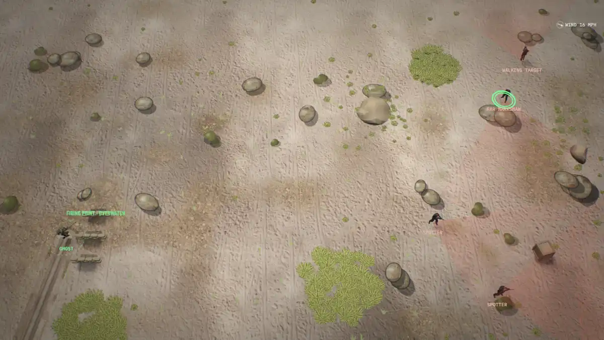 The sniper range in the desert with a wind indicator showing 16 mph and targets down range.